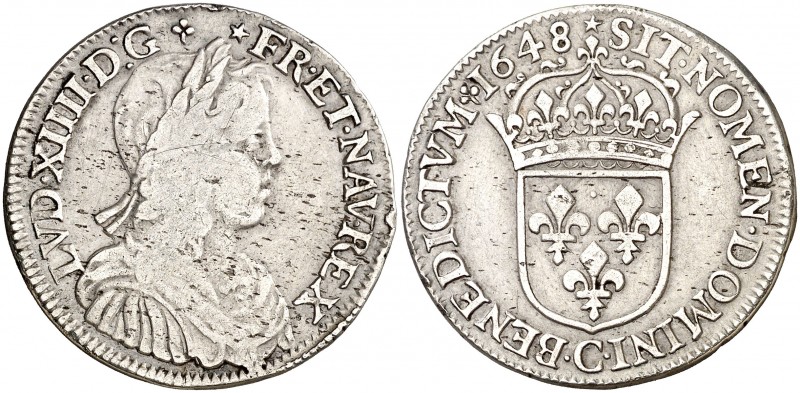 Francia. 1648. Luis XIV. C (Saint Lô). 1/2 ecu. (Kr. 164.4) (Gadoury 169). AG. 1...