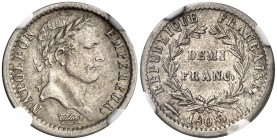Francia. 1808. Napoleón. K (Burdeos). 1/2 franco. (Kr. 680.7). En cápsula de la NGC como XF Details, nº 4693353-026. Limpiada. AG. (MBC+).