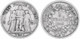 Francia. 1849. II República. A (París). 5 francos. (Kr. 756.1). AG. 24,53 g. MBC-.