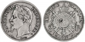 Francia. 1867. Napoleón III. K (Burdeos). 2 francos. (Kr. 807.3). AG. 9,96 g. MBC/MBC-.