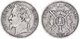 Francia. 1867. Napoleón III. BB (Estrasburgo). 5 francos. (Kr. 799.2). AG. 24,74 g. MBC-.
