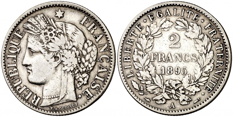 Francia. 1895. III República. A (París). 2 francos. (Kr. 817.1). AG. 9,89 g. MBC...