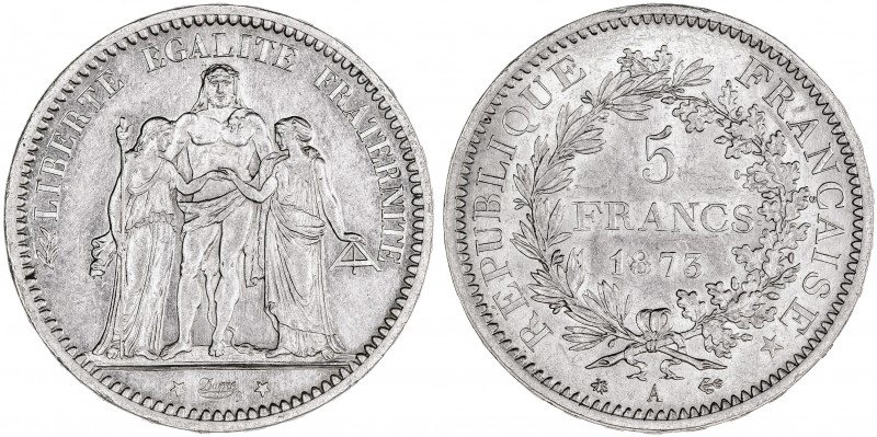 Francia. 1873. III República. A (París). 5 francos. (Kr. 820.1). AG. 25 g. EBC-....