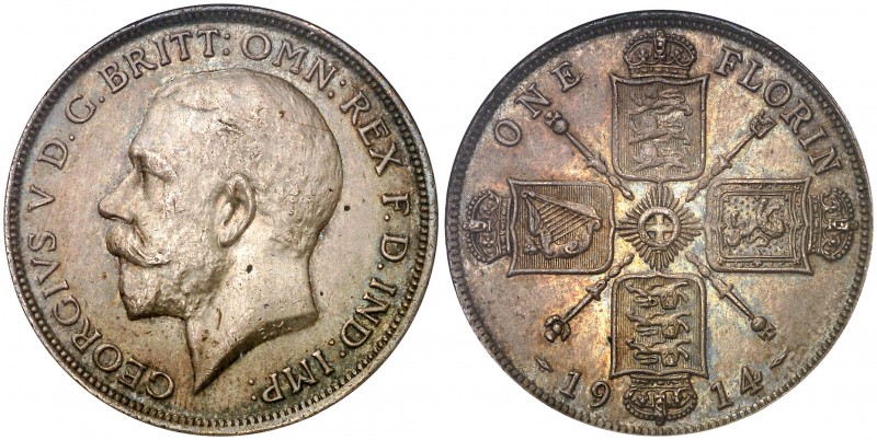 Gran Bretaña. 1914. Jorge V. 1 florín. (Kr. 817). En cápsula de la ANACS como AU...