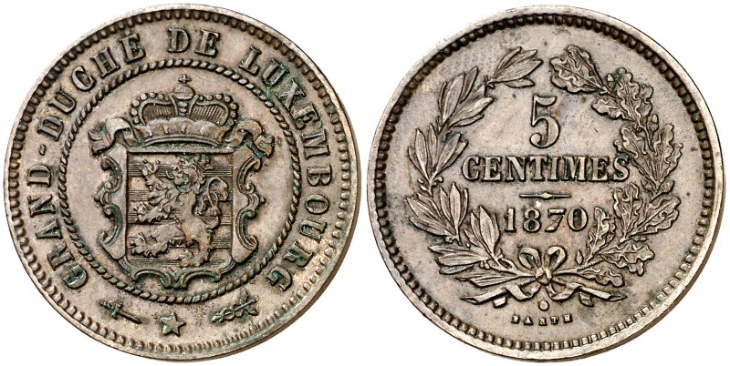 Luxemburgo. 1870. Guillermo III. 5 céntimos. (Kr. 22.1). Escasa. CU. 4,99 g. MBC...