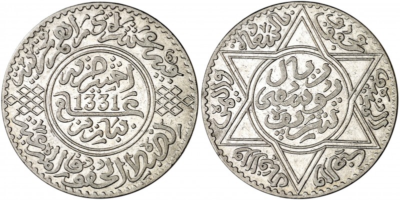 Marruecos. AH 1331 (1912). Yusuf. París. 1 rial. (Kr. 33). Escasa. AG. 24,76 g. ...