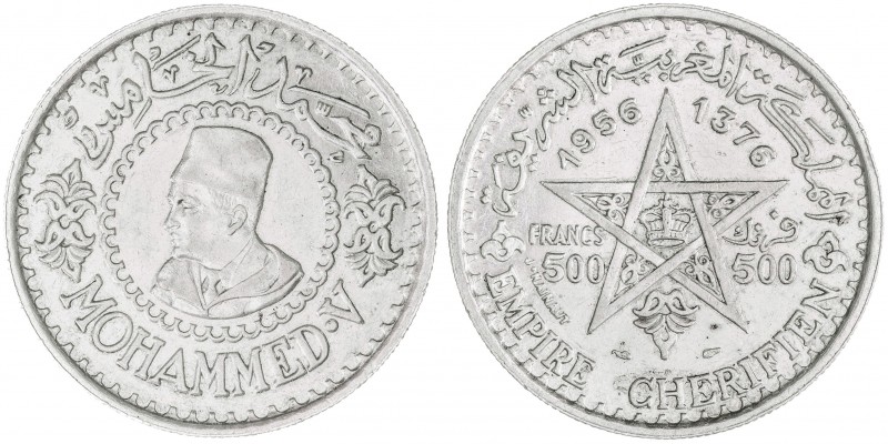 Marruecos. AH 1376/1956. Mohammed V. 500 francos. (Kr. 54). AG. 22,50 g. EBC.