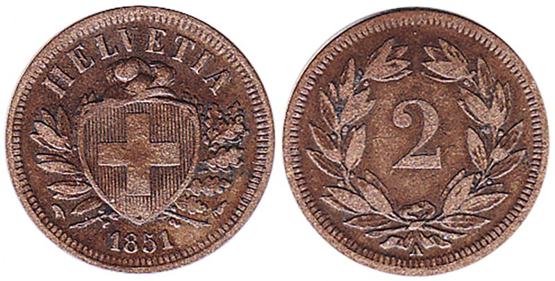 Suiza. 1851. A (París). 2 rappen. (Kr. 4.1). CU. 2,53 g. MBC-.