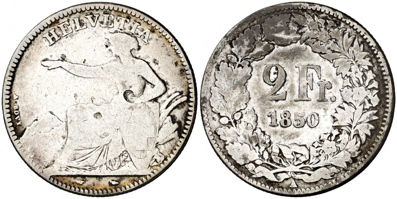 Suiza. 1850. A (París). 2 francos. (Kr. 10). Golpes. Escasa. AG. 9,55 g. BC/BC+....