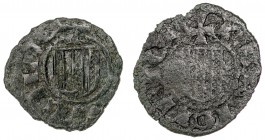 Ferran I (1412-1416). Sicília. Lote de 2 diners, uno Ex Áureo 09/04/2003, nº 3455. A examinar. Escasa. BC/MBC.