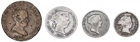 1835 a 1865. Isabel II. 8 maravedís, 10 céntimos de real, 20 y 40 céntimos de escudo. Lote de 4 monedas. A examinar. BC-/BC.