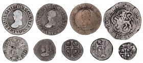 Lote formado por 12 diners de Ferran VII (tres), 1 treseta (tres) y 1 dobler de Felipe V, se incluye 1 dobler de Sanç I de Mallorca y 4 maravedís de C...