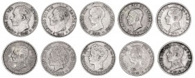 1880 a 1926. 50 céntimos. Lote de 10 monedas, todas diferentes. A examinar. BC/MBC.