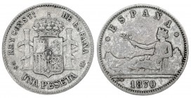 1870 y 1885. 1 peseta. Lote de 2 monedas falsas de época en calamina. A examinar. MBC-/MBC.