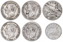 1870 a 1883. 1 y 2 pesetas (cinco). Lote de 6 monedas. A examinar. BC/MBC-.