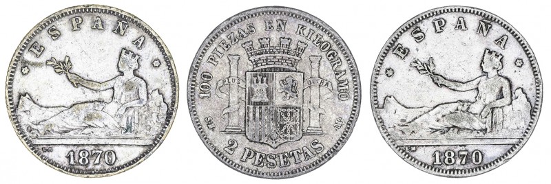 1870. 2 pesetas. Lote de 3 monedas falsas de época en latón y calamina. A examin...