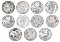 1869 a 1905. 2 pesetas. Lote de 11 monedas, tres falsas de época. A examinar. BC-/MBC-.