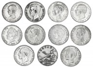 1870 a 1897. 5 pesetas. Lote de 11 monedas, todas diferentes. A examinar. BC/MBC-.