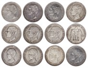 Lote de 11 monedas de 5 pesetas, incluye 5 francos, A (París) de 1871. Total 12 piezas. A examinar. BC/MBC.