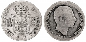 1881 y 1882. Alfonso XII. Manila. 10 centavos. Lote de 2 monedas. A examinar. BC-/BC+.