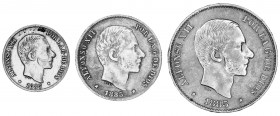 1885. Alfonso XII. Manila. 10, 20 y 50 centavos. Serie de 3 monedas. A examinar. BC+/MBC-.
