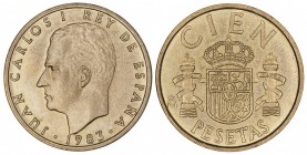 1983. Juan Carlos I. 100 pesetas. (AC. 126). 2 monedas, flor de lis hacia arriba y hacia abajo. EBC/EBC+.