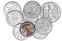 Alemania. 1922 a 1924. 2, 50 pfennig, 3 y 200 marcos (6). Lote de 9 monedas. A examinar. S/C.