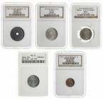 Bélgica. 1914 a 1944. 1, 25 céntimos, 1 (dos) y 2 francos. Lote de 5 monedas. Encapsuladas por la NGC y la ANACS. A examinar. EBC/S/C-.