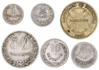 Colombia. 1921. Lazareto. 1, 2, 5, 10 y 50 centavos (2). Serie de seis monedas, todas diferentes. MBC/MBC+.