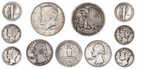 Estados Unidos. 1920-1964. 1 dime (seis), 1/4 (tres) y 1 /2 dólar (dos). Lote de 11 monedas en plata. A examinar. BC+/EBC.
