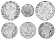 Francia. 1944 a 1947. 50 céntimos, 1 (tres) y 2 francos (dos). 6 monedas, todas distintas, 5 de B (Beaumont-Le Roger). MBC/EBC-.