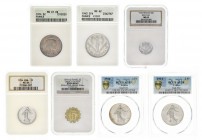 Francia. 1914 (cinco) y 1943 (dos). 5, 50 céntimos, jetón, 1 y 2 francos (tres). Lote de 7 monedas. Encapsuladas por la NGC, la PCGS y la ANACS. A exa...