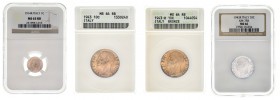 Italia. 1914 y 1943 (tres). Víctor Manuel III. R (Roma). 1, 10 (dos) y 20 céntimos. Lote de 4 monedas. Encapsuladas por la NGC y la ANACS. A examinar....