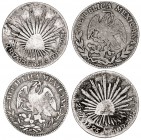 México. 1825 a 1868. Zacatecas. 2 reales. Lote de 4 monedas, todas diferentes. A examinar. AG. BC/BC+.