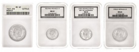 Mónaco. 1943. Luis II. 1 (dos) y 2 francos (dos). Lote de 4 monedas. Encapsuladas por la NGC y la ANACS. A examinar. AL. EBC/S/C-.