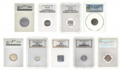 Países Bajos. 1914 (4) y 1943 (5). Guillermina I. 1 (cuatro), 5 (dos), 10 (dos) y 25 céntimos. Lote de 9 monedas, todas diferentes. Encapsuladas por l...