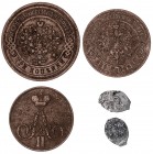 Rusia. (s. XVII-1912). 1 denga (dos), 1, 2 y 3 kopek. Lote de 5 monedas. A examinar. CU. BC/MBC.