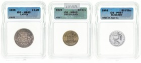 Lote de 3 monedas: 50 ore 1926 de Groenlandia, 50 filler 1948 de Hungría (reacuñación) y 2 lati 1925 de Letonia. Encapsuladas por la ICG. A examinar. ...