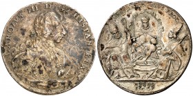 1759. Carlos III. Sevilla. Medalla de proclamación. (Ha. 40) (V. 32 var por metal) (V.Q. 13025 var). Grabador: VFF. Oxidaciones. Algo alabeada. AG. 12...