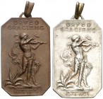 1932. Barcelona. Orfeó Gracienc. Bodes d'Argent. (Cru.Medalles 1302 y falta). Lote de 2 medallas, en plata y bronce. Con anillas. Escasas. 36x22 mm. E...