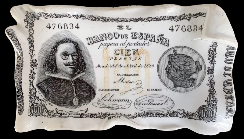 Cenicero reproduciendo un billete de 100 pesetas del 1 de abril de 1880, Quevedo...