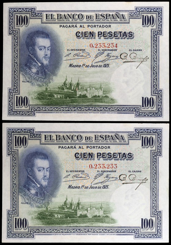 1925. 100 pesetas. (Ed. B107) (Ed. 323). 1 de julio, Felipe II. Pareja correlati...