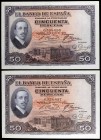 1927. 50 pesetas. (Ed. B122) (Ed. 339). 17 de mayo, Alfonso XIII. Pareja correlativa con sello en seco del GOBIERNO PROVISIONAL, uno con parte de otro...