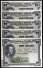 1925. 100 pesetas. (Ed. C1) (Ed. 350). 1 de julio, Felipe II. 6 billetes (1 pareja y 4 correlativos), serie F. S/C.