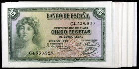 1935. 5 pesetas. (Ed. C14a) (Ed. 363a). 38 billetes, series C (3, una pareja correlativa) y D (35, tres parejas, 12 y 14 billetes correlativos). S/C-/...