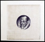 Prueba calcográfica de un busto de Cervantes, en color violeta, grabado por Camilo Delhom. S/C.