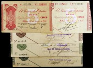 1936. Bilbao. 5 (sin serie y serie A), 25, 50 y 100 pesetas. (Ed. C19b, C19Aa, C20a, C21b y C22e) (Ed. 368b, 368Aa, 369a, 370b y 371g). 5 billetes, co...