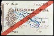 1936. Gijón. 100 pesetas. (Ed. C35) (Ed. 384). 5 de noviembre. Mínimo doblez pero extraordinario ejemplar para este billete. Raro así. EBC.