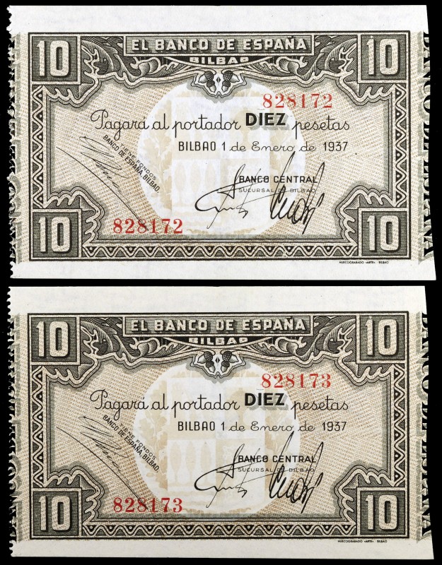 1937. Bilbao. 10 pesetas. (Ed. C38 var) (Ed. 387c). 1 de enero. Pareja correlati...