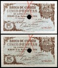 1936. Burgos. 5 pesetas. (Ed. D18na) (Ed. 417T). 21 de noviembre. Pareja correlativa. Un taladro. Dos perforaciones de grapa. Raros. EBC+.